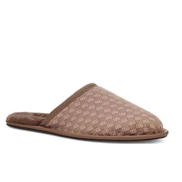 New UGG Scuff Logo Jacquard Slipper Sandals Slides Chestnut Brown - Picture 3 of 6